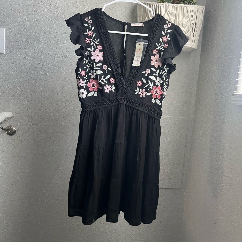 Francesca’s Black Dress with Pink Floral Embroidery